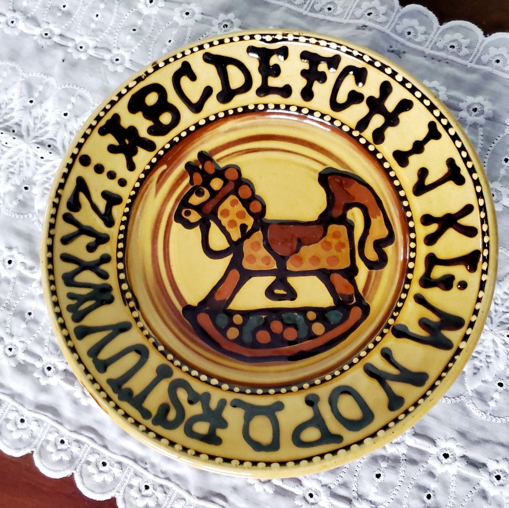 Vintage Pennsylvania Redware Childs Plate with Rocking Horse & Alphabet. D-287
